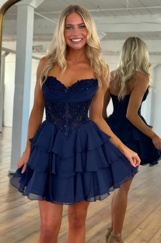 Navy Beaded Sweetheart Corset Tiered Ruffle Homecoming Dress AS226