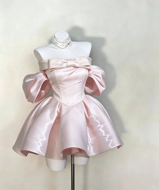 Luxe Pink Off‑Shoulder Bow Satin Pleated A Line Short Homecoming Dress AS2260