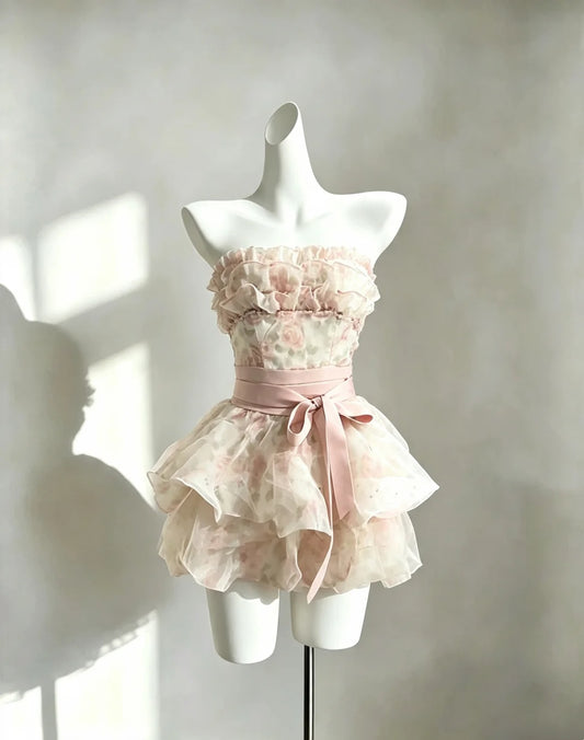 Airy Light Pink Floral Strapless Sash Bow Ruffled Layered A Line Short Homecoming Dress AS2262
