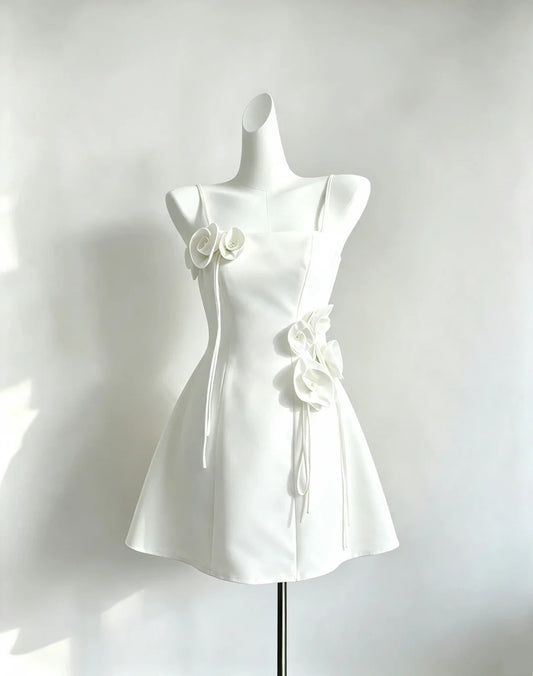 Sleek White Spaghetti Straps Square Neck 3D Floral Applique Tassel A‑Line Short Homecoming Dress AS2263