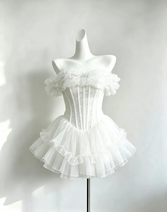 Ethereal White Off‑Shoulder Corset Tiered Ruffled Tulle A Line Short Homecoming Dress AS2264