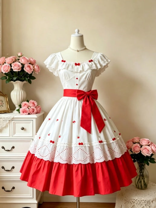 Lovely White Red Square Neck Ruffled Cap Sleeve Cherry Print Bow A Line Midi Homecoming Dress AS2266
