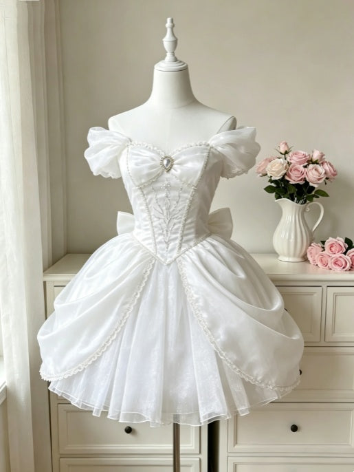 Enchanting White Off‑Shoulder Embroidered Corset Back Bow Glitter Tulle A Line Short Homecoming Dress AS2267