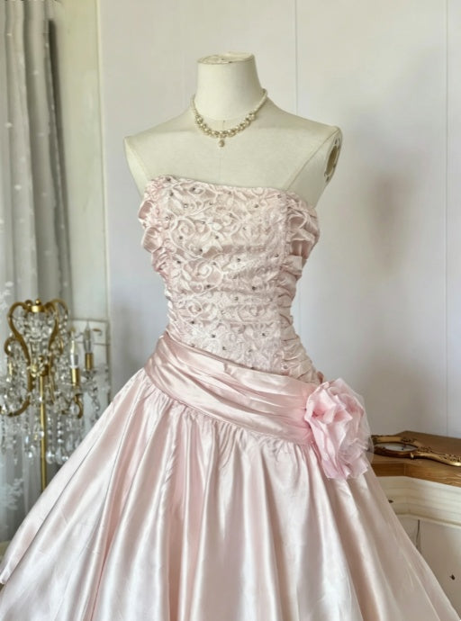 Vintage Pink Strapless Rhinestone Bodice Satin Sash 3D Flower A Line Midi Homecoming Dress AS2268