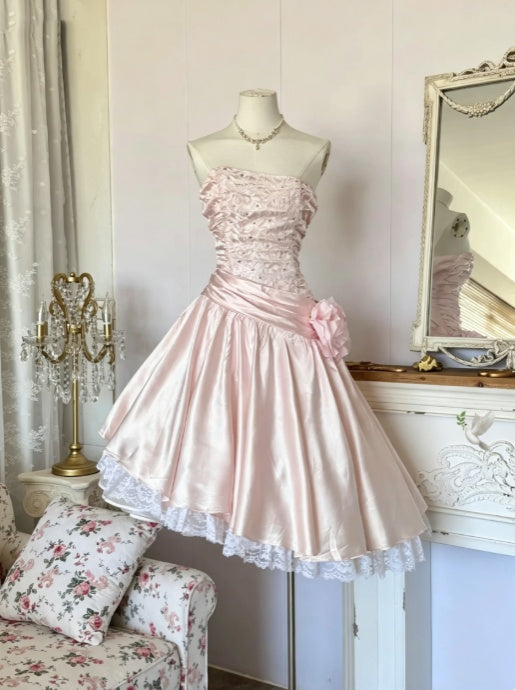 Vintage Pink Strapless Rhinestone Bodice Satin Sash 3D Flower A Line Midi Homecoming Dress AS2268