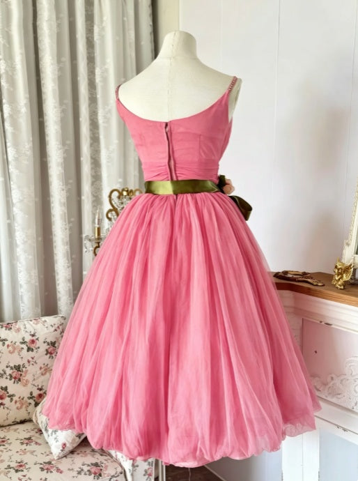 Striking Hot Pink Spaghetti Straps Bodice Olive Green Satin Sash 3D Floral Ruched A Line Midi Homecoming Dress AS2269
