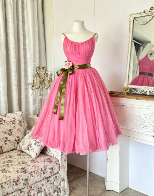 Striking Hot Pink Spaghetti Straps Bodice Olive Green Satin Sash 3D Floral Ruched A Line Midi Homecoming Dress AS2269