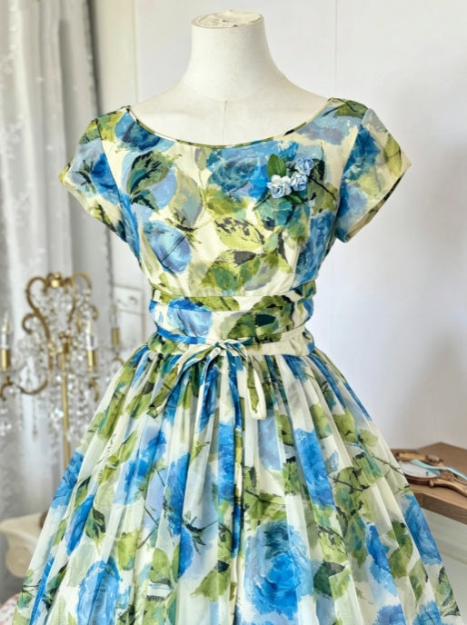 Vivid Blue Green Floral Boat Neck Cap Sleeve 3D Flower A Line Midi Homecoming Dress AS2270