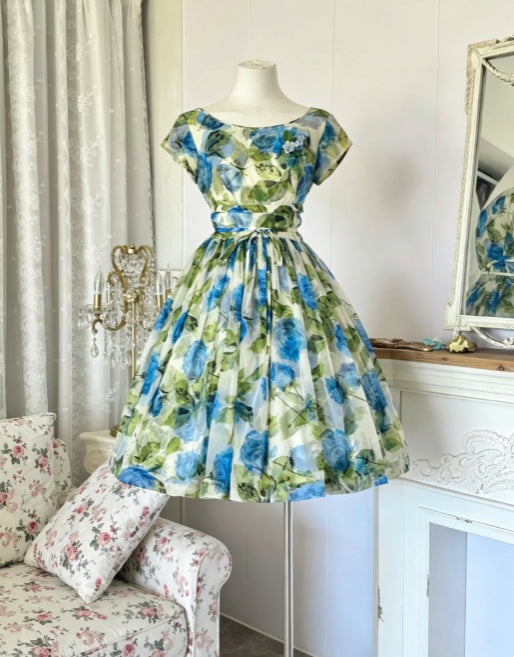 Vivid Blue Green Floral Boat Neck Cap Sleeve 3D Flower A Line Midi Homecoming Dress AS2270