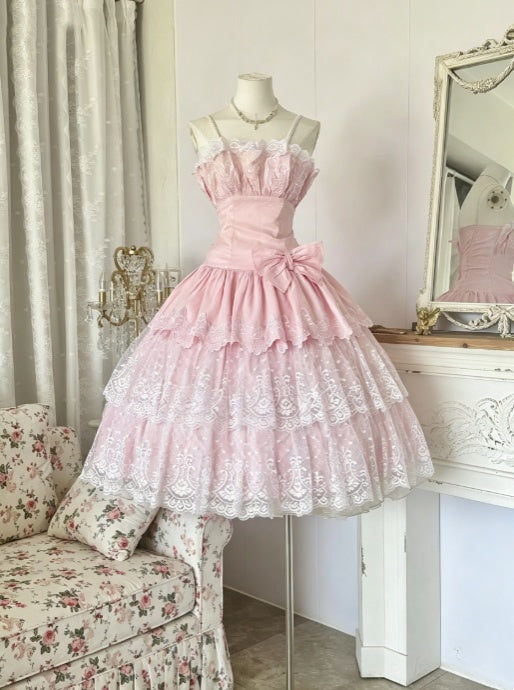 Delicate Light Pink Spaghetti Straps Ruffled Bodice Waist Large Side Bow Multi‑Tiered Lace A Line Midi Homecoming Dress AS2271