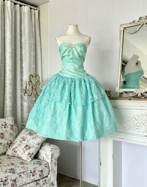 Fresh Mint Green Strapless Sweetheart Neck Small Front Bow Ruched Bodice Tiered Lace A Line Midi Homecoming Dress AS2272
