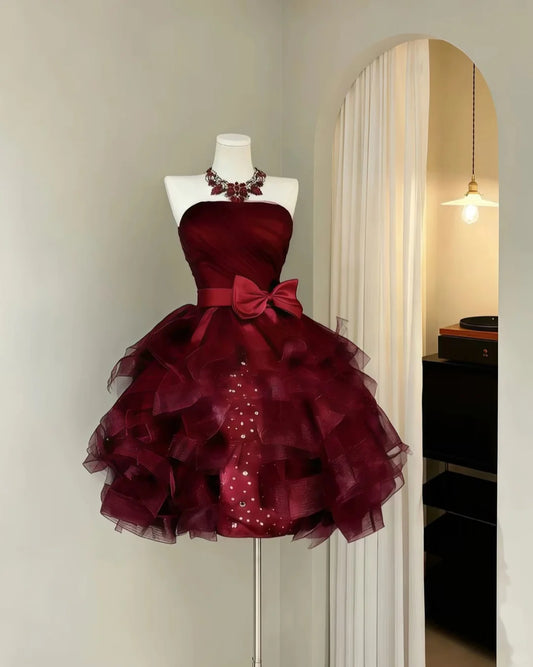 Opulent Burgundy Strapless Bodice Waist Big Bow Voluminous Ruffled Tulle Rhinestone‑Embellished Satin Bodycon Underskirt Short Homecoming Dress AS2273
