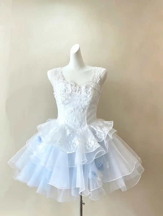 Ethereal Light Blue Lace Straps 3D Floral Appliqué Tiered Ruffled Tulle A Line Short Homecoming Dress AS2274