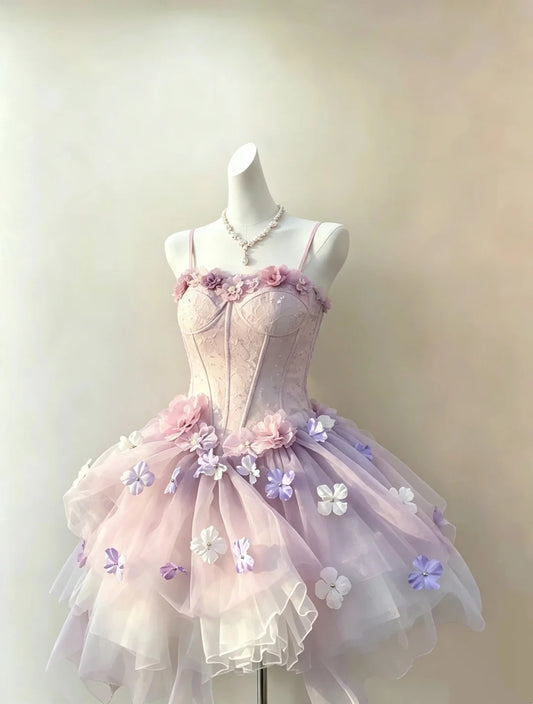Enchanting Lilac Spaghetti Straps Lace Corset 3D Floral Appliqué Tiered Tulle A Line Short Homecoming Dress AS2275