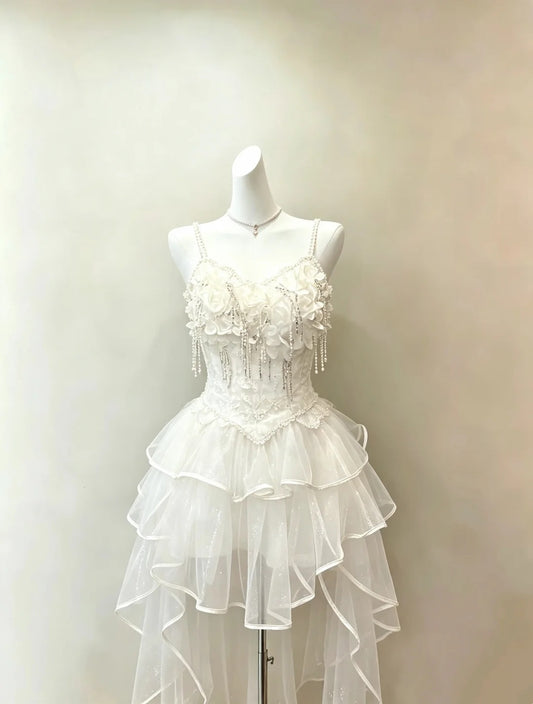Sparkling Ivory Spaghetti Straps 3D Floral Rhinestone Tassel Lace Bodice Glitter Tulle High‑Low A Line Short Homecoming Dress AS2276