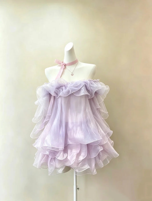 Dreamy Lilac Off‑The‑Shoulder Ruffled Shimmer Organza Multi‑Layer Ruffle A Line Short Homecoming Dress AS2277