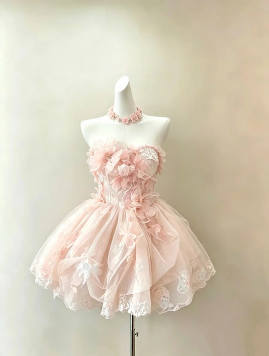 Romantic Peach Pink Strapless Sweetheart 3D Floral Appliqué Lace Ruffled Tulle A Line Short Homecoming Dress AS2278