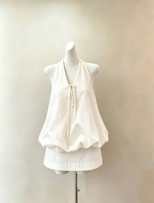 Minimalist Ivory Linen Halter V‑Neck Tie Front Bubble Waist Bodycon Short Skirt Homecoming Dress AS2280
