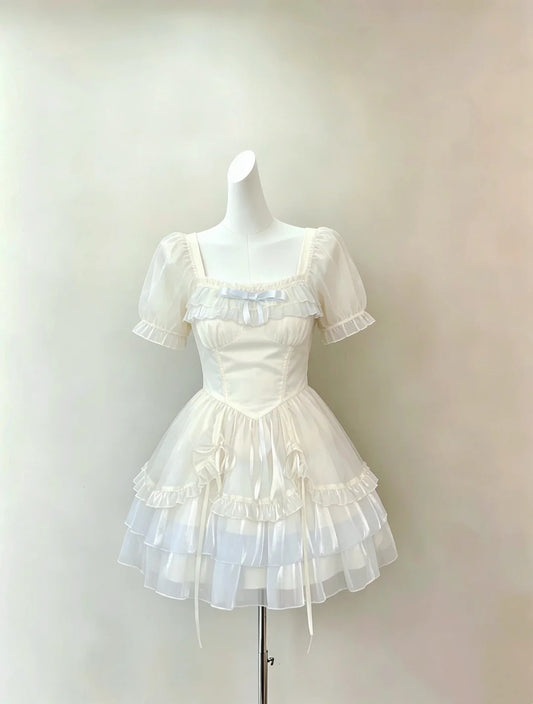 Sweet Ivory Square Neck Puff Short Sleeves Bow Multi‑Layer Shimmer Organza A Line Short Homecoming Dress AS2281