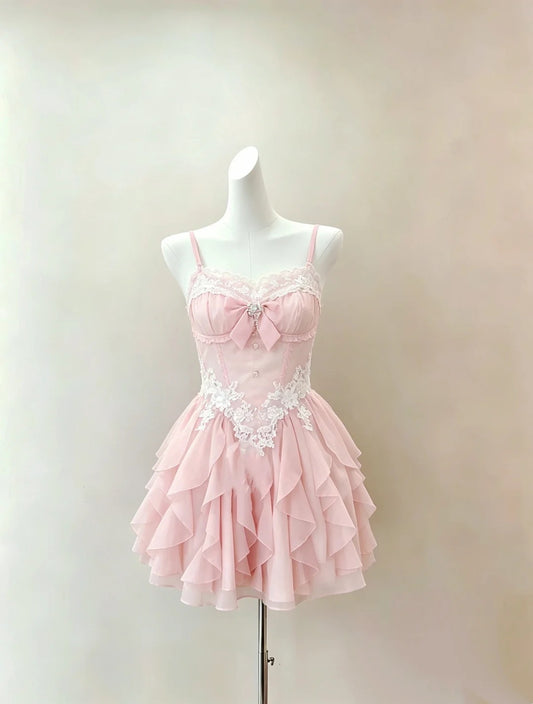 Sweet Pink Spaghetti Straps Lace Floral Appliqué Rhinestone Bow Corset Cascading Ruffled Chiffon A Line Short Homecoming Dress AS2282
