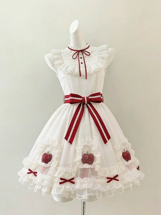 Cute White Sleeveless Ruffled Stand Collar Red Bow Apple Accents Tiered Lace Ruffle A Line Short Homecoming Dress AS2283