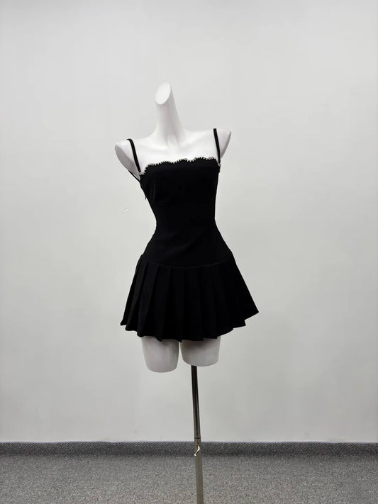 Sleek Black Spaghetti Straps Rhinestone Trim Pleated A Line Short Homecoming Dress AS2284