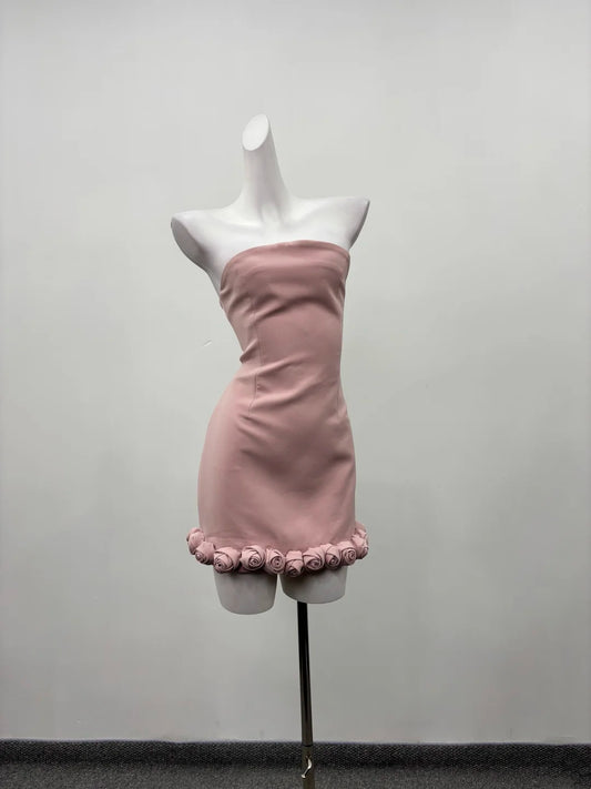 Elegant Dusty Pink Strapless 3D Rose Hem Bodycon Short Homecoming Dress AS2285