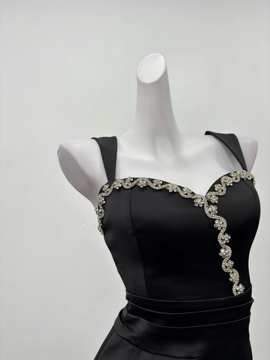Glam Black Wide Strap Sweetheart Rhinestone Embellished Satin Bodycon Short Homecoming Dress AS2286