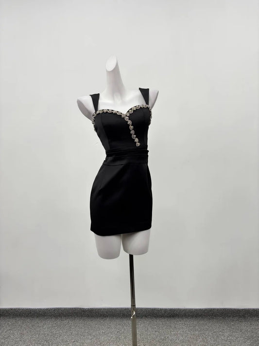 Glam Black Wide Strap Sweetheart Rhinestone Embellished Satin Bodycon Short Homecoming Dress AS2286