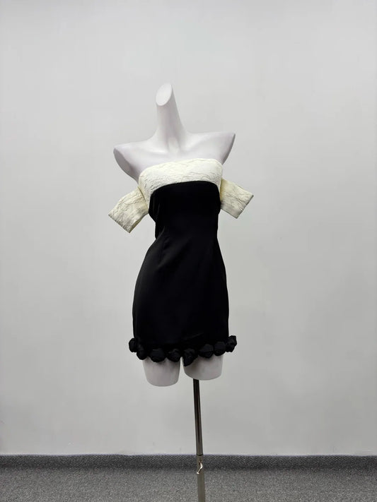 Chic Black Ivory Off‑The‑Shoulder 3D Rose Hem Bodycon Short Homecoming Dress AS2287