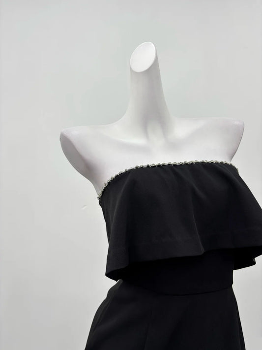 Sleek Black Strapless Ruffled Overlay Rhinestone Trim Bodycon Short Homecoming Dress AS2288