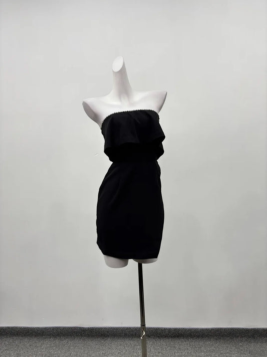 Sleek Black Strapless Ruffled Overlay Rhinestone Trim Bodycon Short Homecoming Dress AS2288