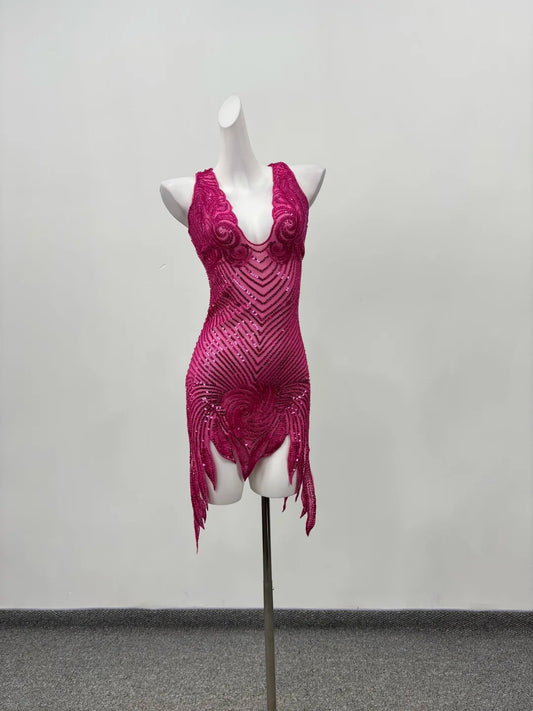 Dazzling Fuchsia V‑Neck Sleeveless Sequin Beaded Fringe Mesh Side Slit Bodycon Short Homecoming Dress AS2289