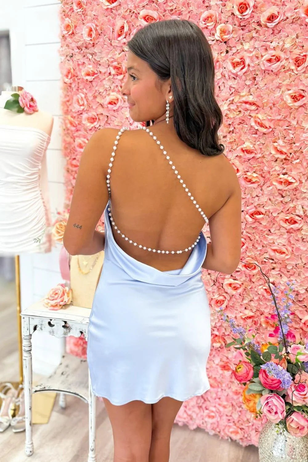 Ice Blue Satin Cowl Back Mini Homecoming Dress With Pearl Straps AS229