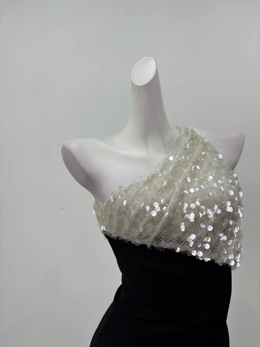 Dazzling Black Silver Sequin One‑Shoulder Bodycon Short Homecoming Dress AS2290