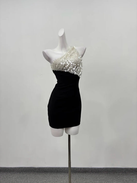 Dazzling Black Silver Sequin One‑Shoulder Bodycon Short Homecoming Dress AS2290