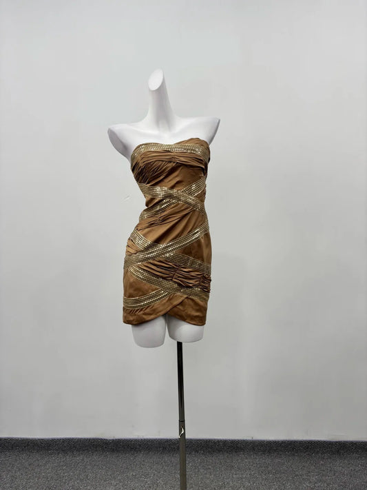 Luxe Brown Strapless Crisscross Gold Sequin Ruched Bodycon Short Homecoming Dress AS2293
