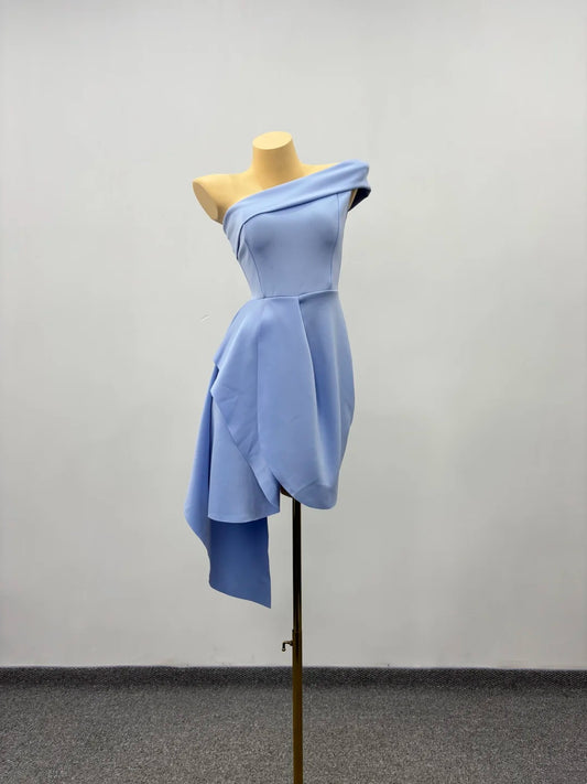 Elegant Blue One Shoulder Asymmetrical Draped Ruffle Sheath Short Homecoming Dress AS2294