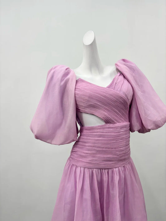 Chic Lavender Puff Short Sleeve Crisscross V‑Neck Waist Cutout Pleated Skirt A Line Short Homecoming Dress AS2295