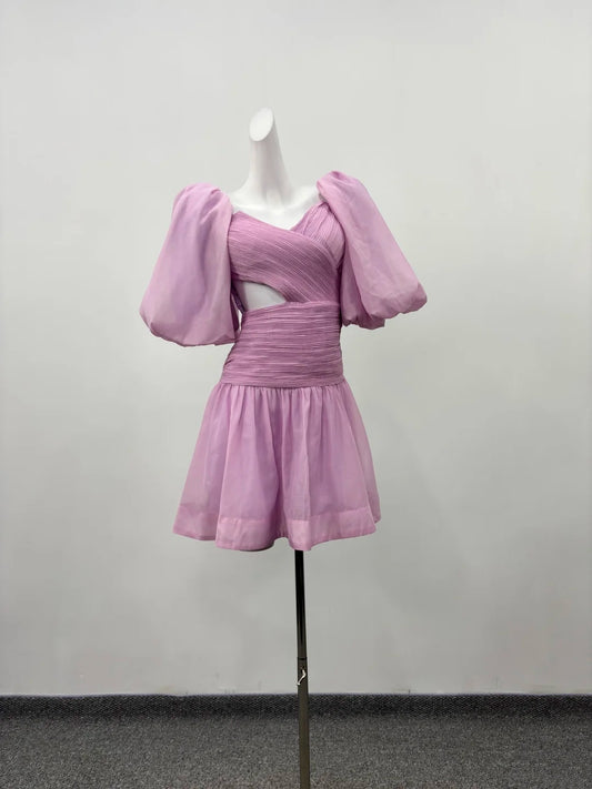 Chic Lavender Puff Short Sleeve Crisscross V‑Neck Waist Cutout Pleated Skirt A Line Short Homecoming Dress AS2295