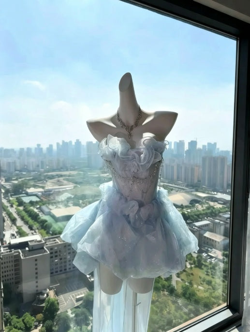 Ethereal Light Blue Strapless Ruffled Beaded Corset Bodice A Line Short Homecoming Dress With Detachable Tulle Train AS2296