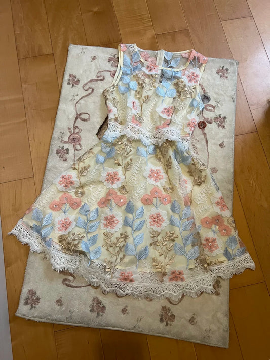 Gorgeous Yellow Sleeveless Round Neck Colorful Floral Embroidery Lace Trim A Line Short Homecoming Dress AS2299