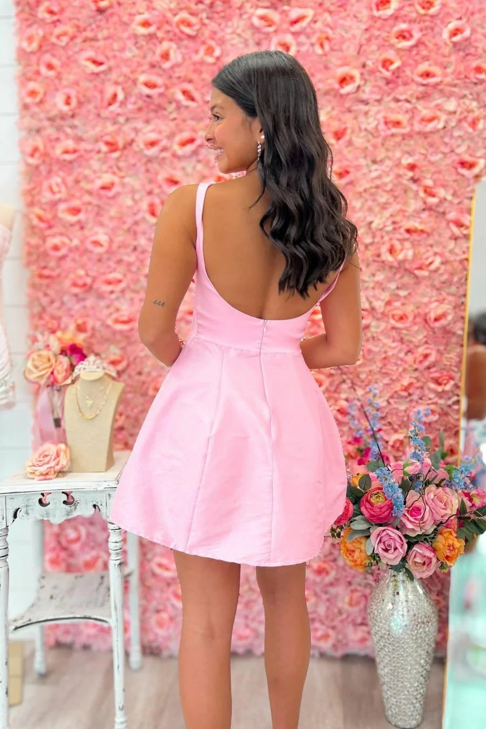 Light Pink Straps Open Back Fit And Flare Mini Homecoming Dress AS230