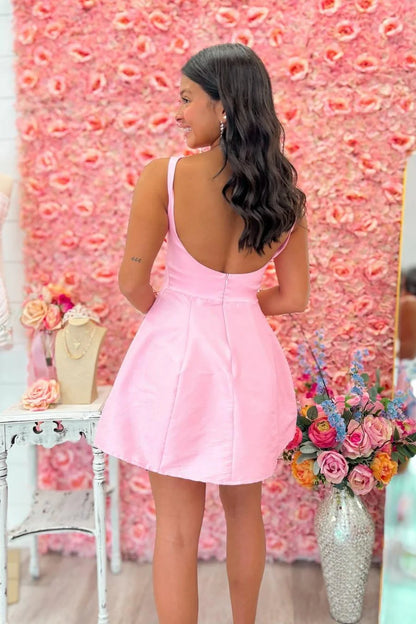 Light Pink Straps Open Back Fit And Flare Mini Homecoming Dress AS230