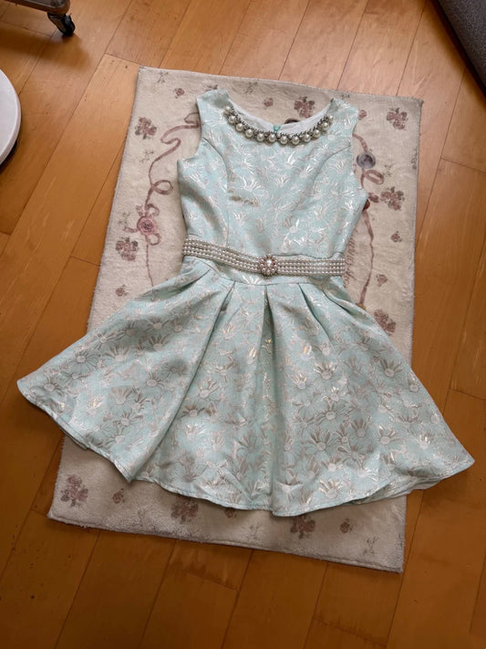 Elegant Light Teal Sleeveless Round Neck Jacquard Pearl Beaded Collar Beaded Belt A Line Short Homecoming Dress AS2300