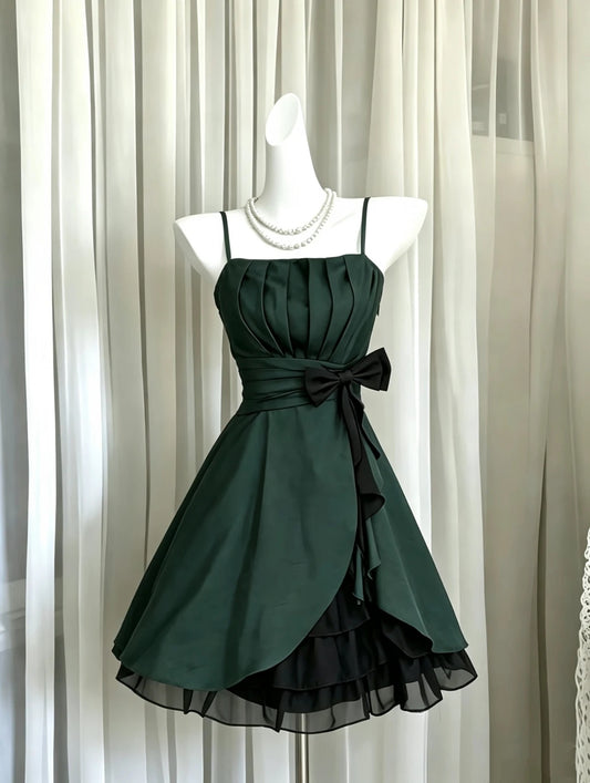 Alluring Dark Green Spaghetti Straps Pleated Bodice Black Bow Waist Layered Ruffle A Line Short Homecoming Dress AS2301