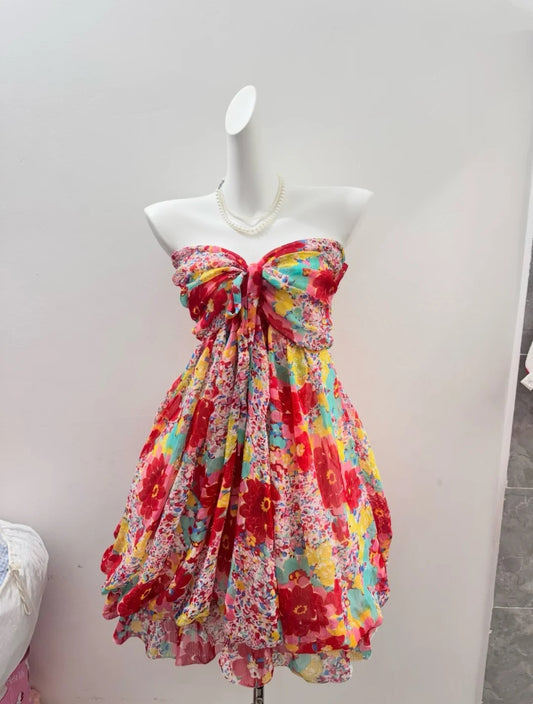 Vivid Multicolor Floral Strapless Front Bow Ruched Flowy Bubble Hem A Line Short Homecoming Dress AS2302