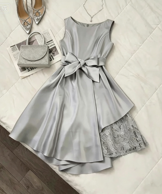 Sleek Silver Satin Sleeveless Boat Neck Large Bow Waist Asymmetric Overlay Lace UnderSkirt A Line Short Homecoming Dress AS2303