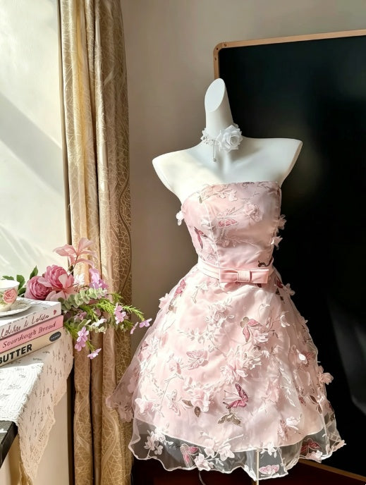 Romantic Pink Strapless 3D Floral Butterfly Appliqué Bow Waist A Line Short Homecoming Dress AS2304