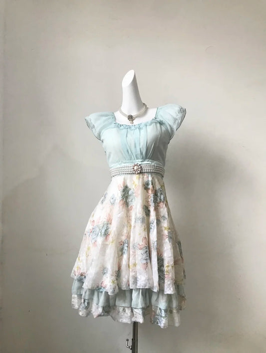 Dainty Mint‑Blue Cap Sleeve Square Neck Pearl Waistband Vintage Floral Tiered Ruffle A Line Short Homecoming Dress AS2305